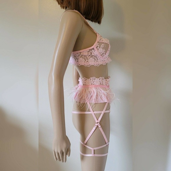 NWOT Sexy Strappy Pink Bra Feather Lingerie Mesh Garter Thong Adjustable Set - Picture 7 of 12